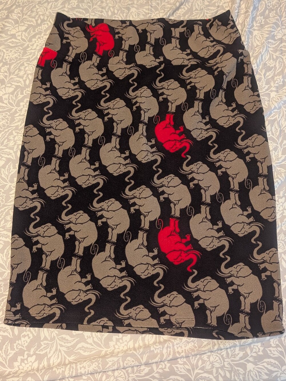 LuLaRoe Cassie Pencil Skirt with Gray Red Elephant Print